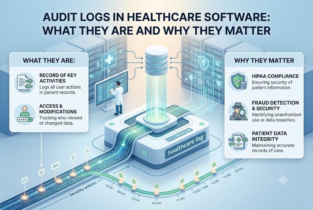 Audit logs in healthcare software: a record of key activities and modifications that supports HIPAA compliance, fraud detection, and patient data integrity