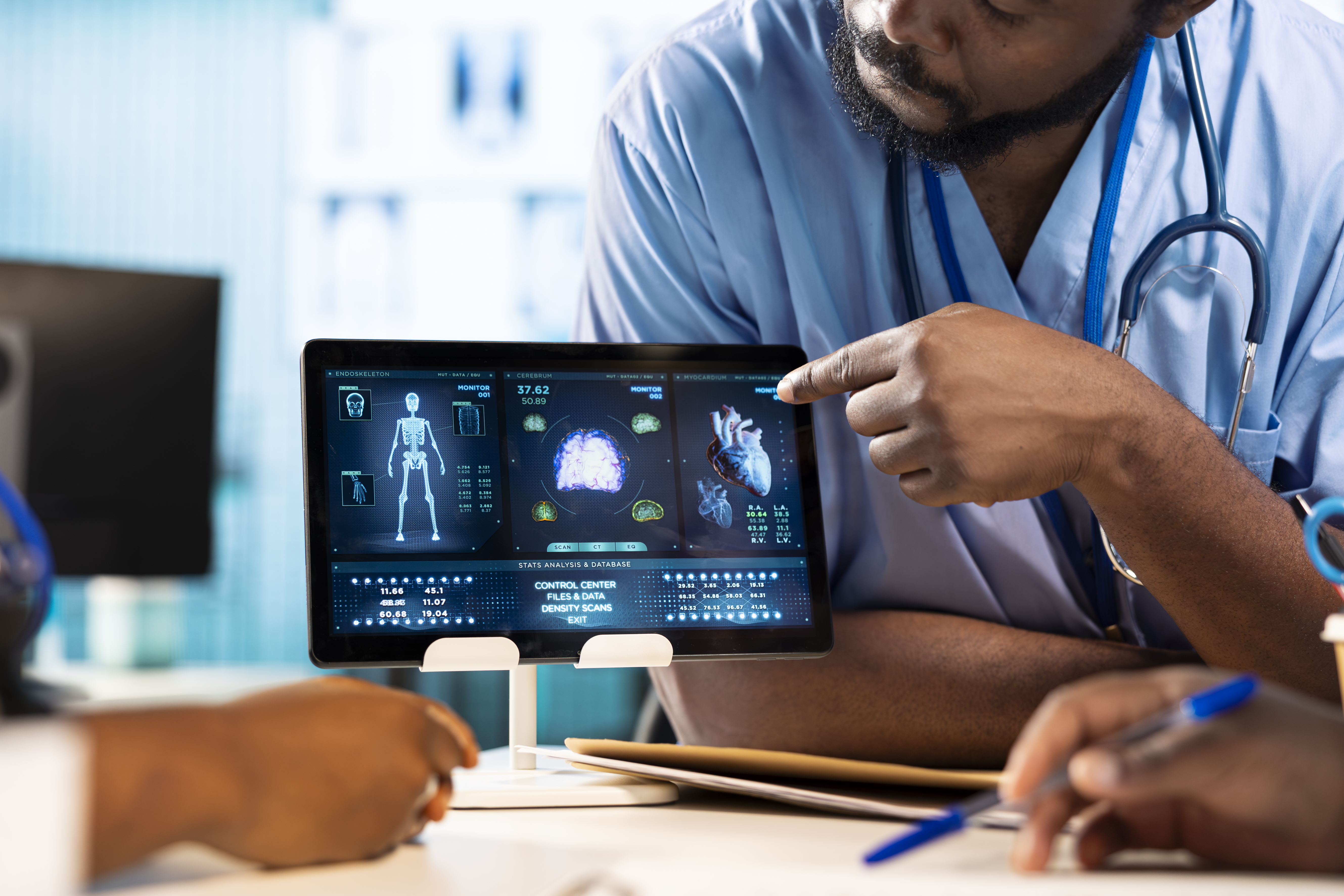 Medical professionals reviewing AI-powered diagnostic imaging and patient data