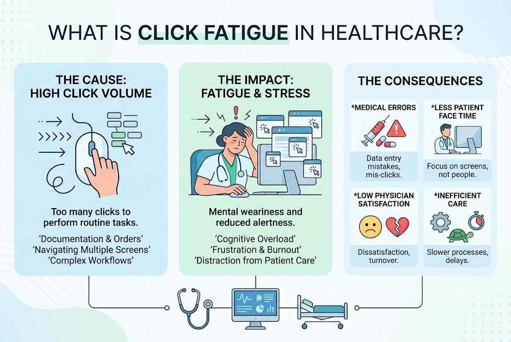 What is click fatigue in healthcare: high click volume causes fatigue and stress, leading to errors, less patient face time, and inefficient care