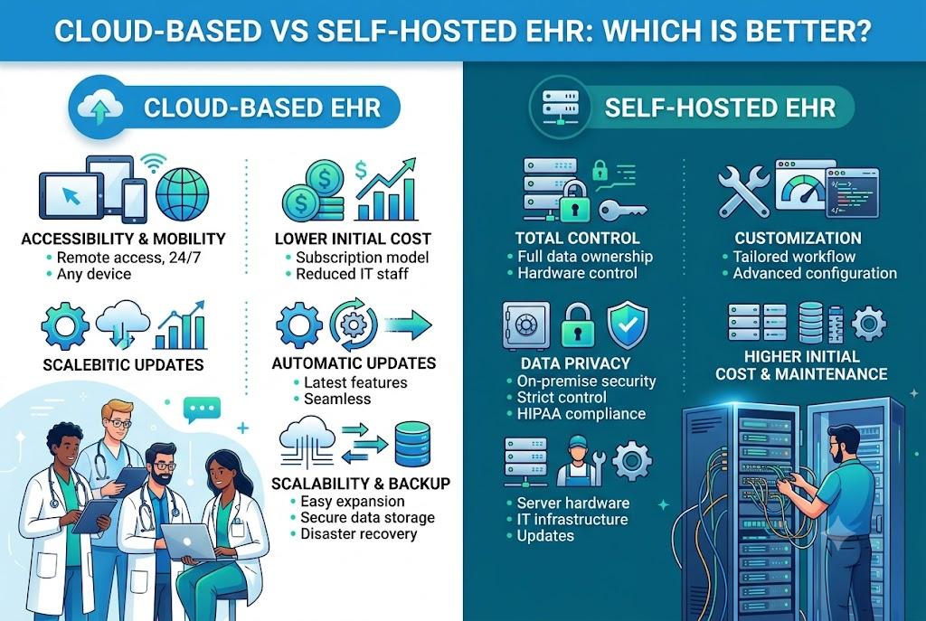 Cloud-based vs self-hosted EHR comparison: accessibility and lower cost versus total control, customization, and data privacy