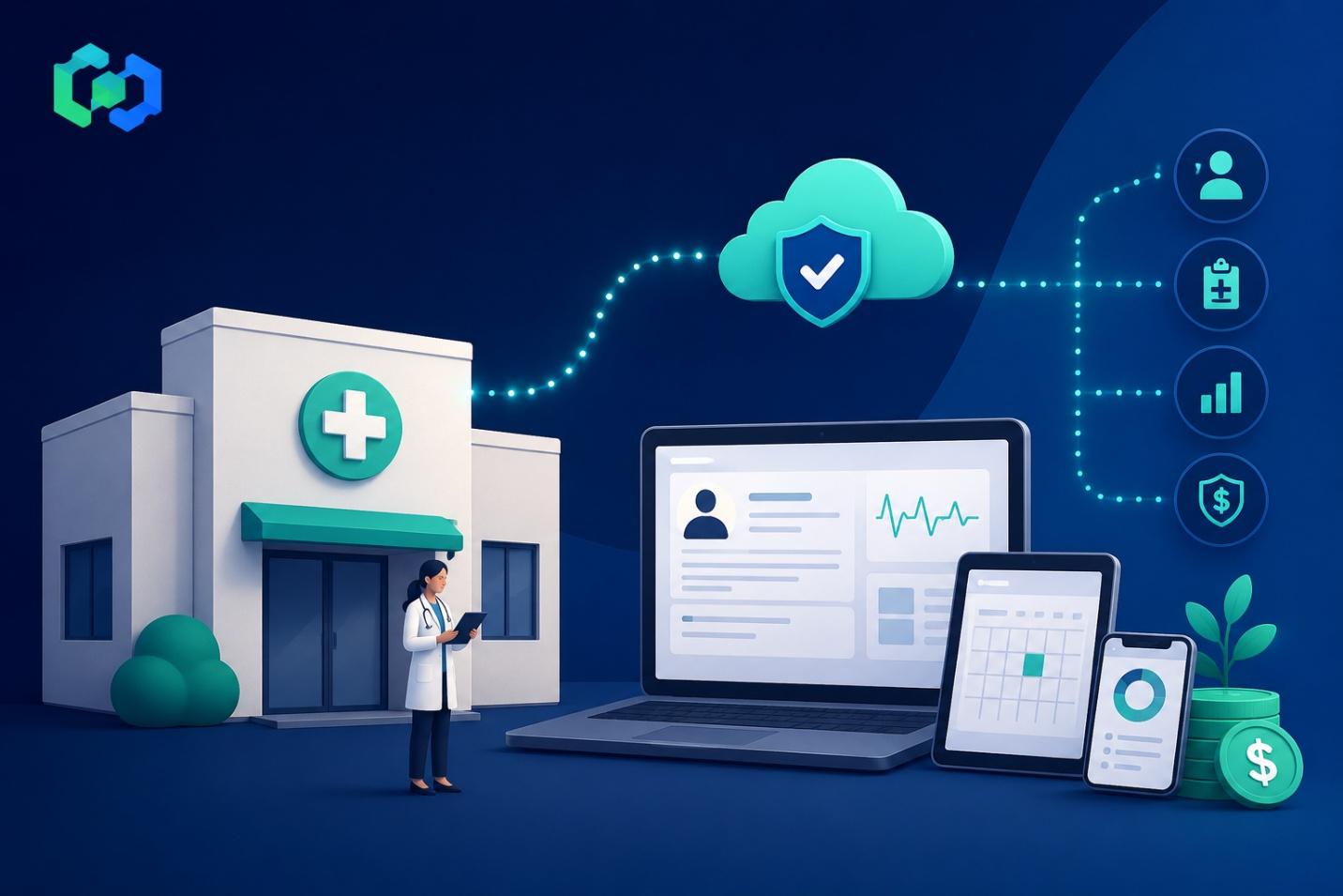 A community clinic connected to cloud-based healthcare technology — laptop, tablet, and phone showing patient records, scheduling, and analytics
