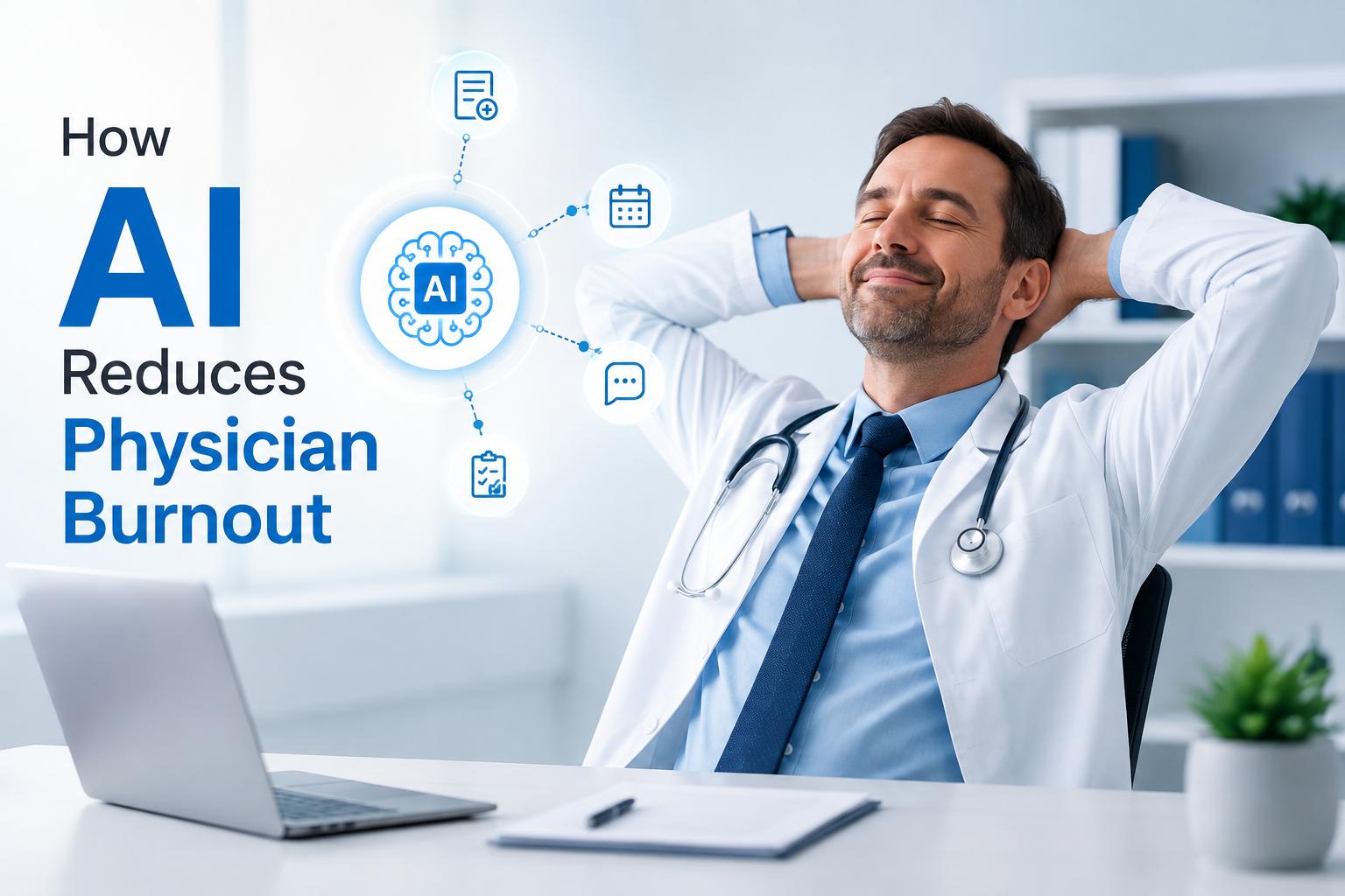 How AI reduces physician burnout by assisting with documentation, scheduling, messages, and clinical notes