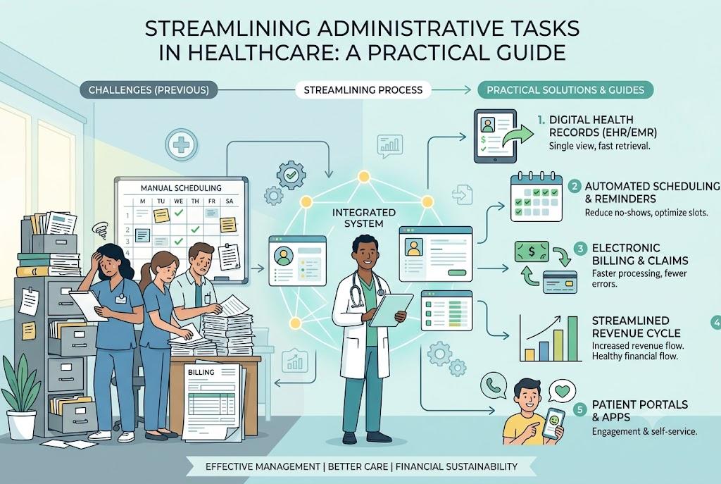 Streamlining administrative tasks in healthcare: moving from manual scheduling and paper billing to an integrated system with digital records, automated scheduling, electronic billing, and patient portals