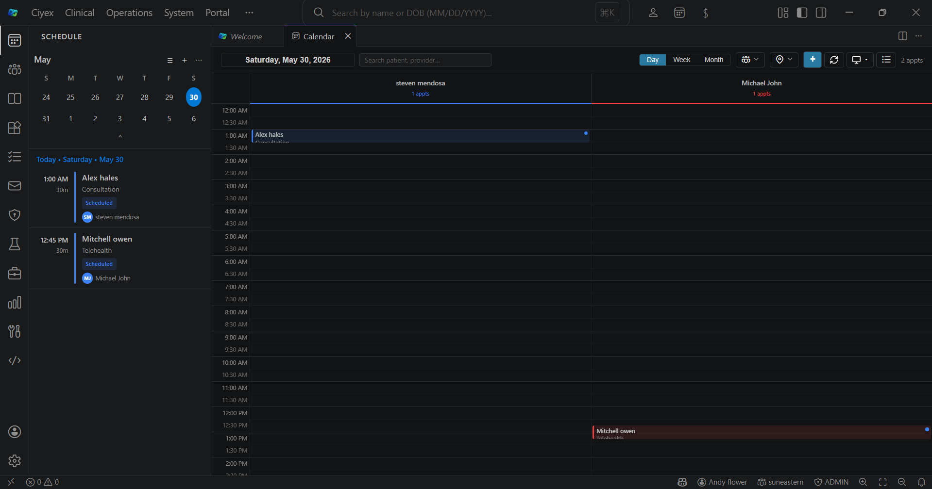Appointments module shown inside the Ciyex Workspace desktop client